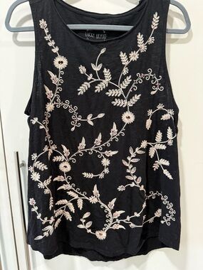 Lucky Brand Black Tank with Cream Floral Embroidery